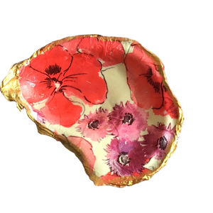 Handcrafted Mixed Media Art  trinket oyster shell dish with Gold Accents 4” long